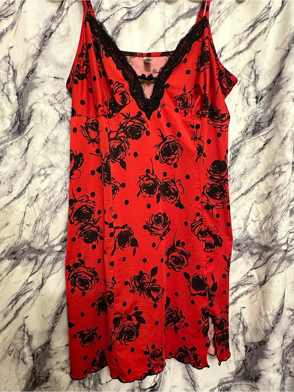 Red Nightgown with Black Floral & Lace Trim